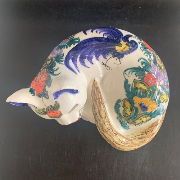 Sleeping Cat Porcelain Hand Painted Colorful Florals and Bird Signed 2004 - Picture 2 of 11